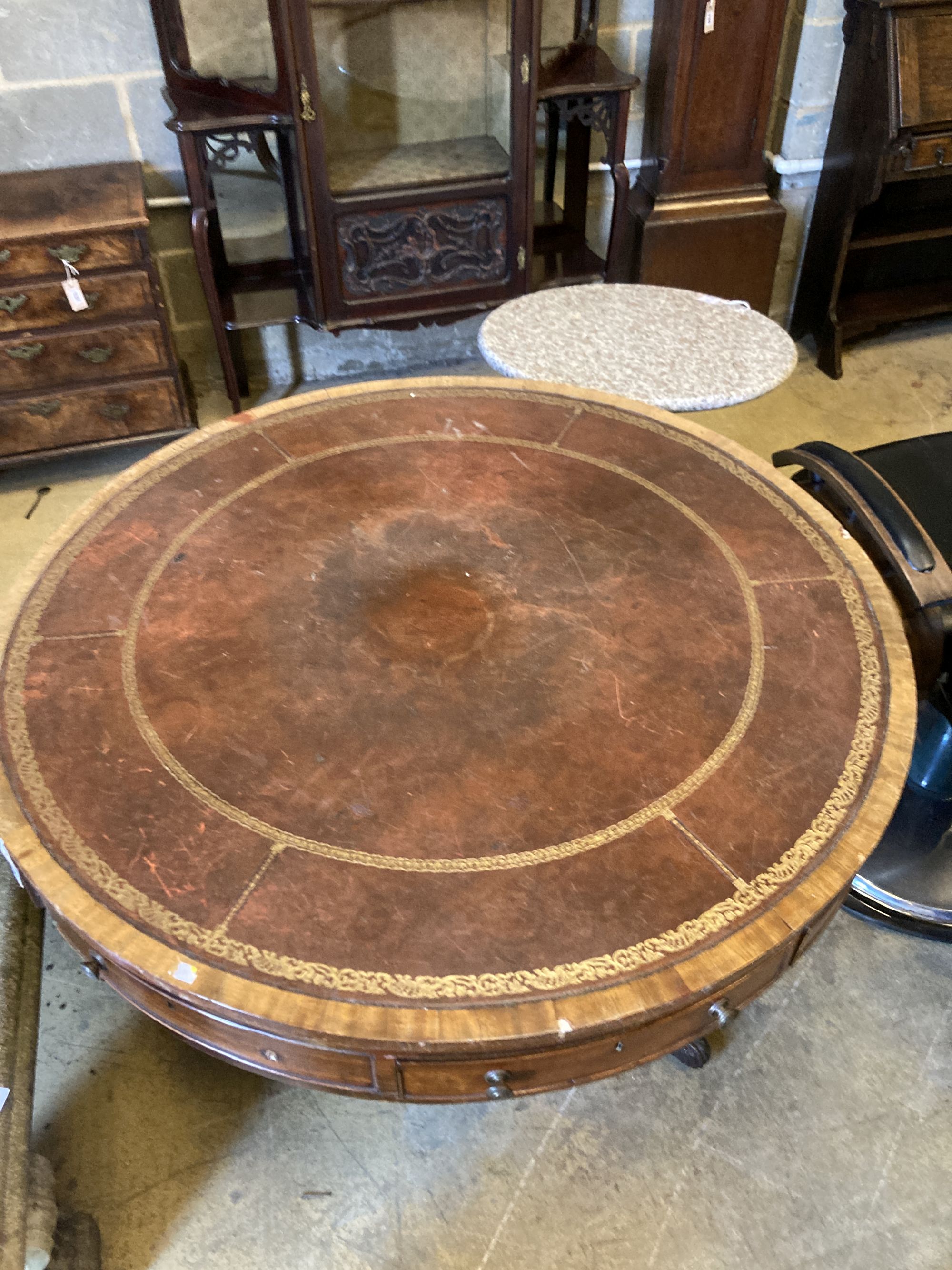 A Regency mahogany circular drum table, 120cm diameter, height 78cm